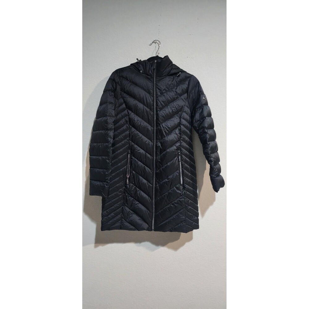 Michael Kors Long, Quilted, Puffer, Hood Packable Down Fill Jacket-Black-S